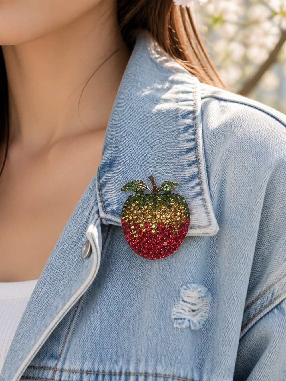 Rhinestone Apple Pin Brooch - Red, Gold & Green